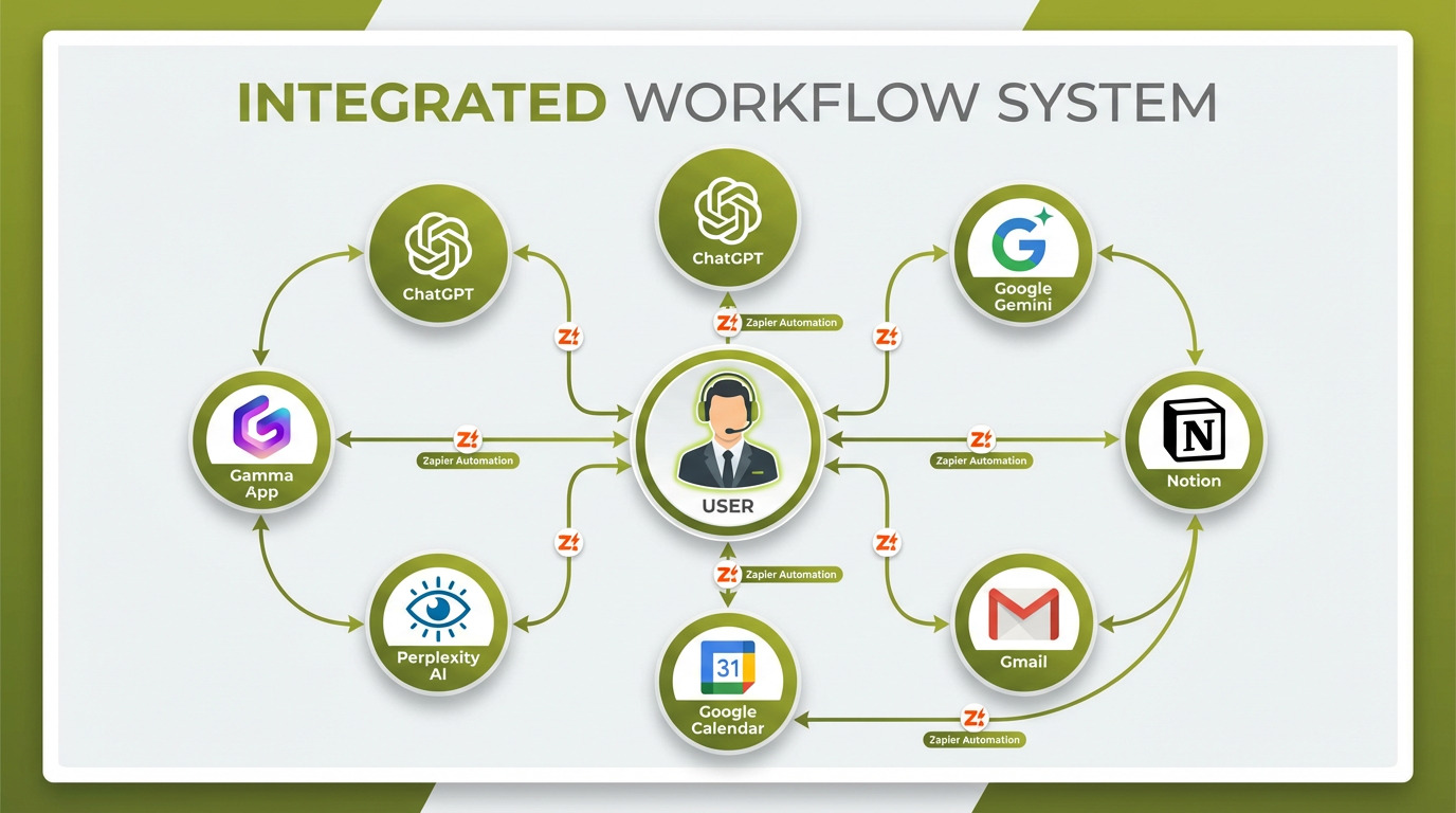 Workflow diagram showing how free AI tools connect through automation platforms like Zapier