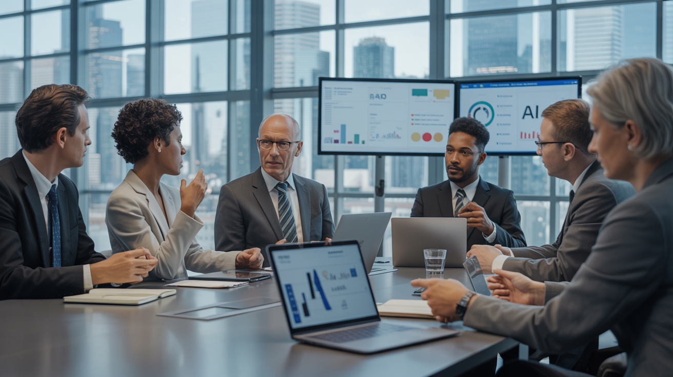 Corporate executives in a boardroom discussing AI strategy with presentation screens showing analytics