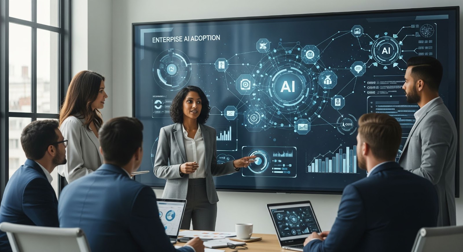 Professional illustration of enterprise AI integration showing business teams implementing AI systems across departments