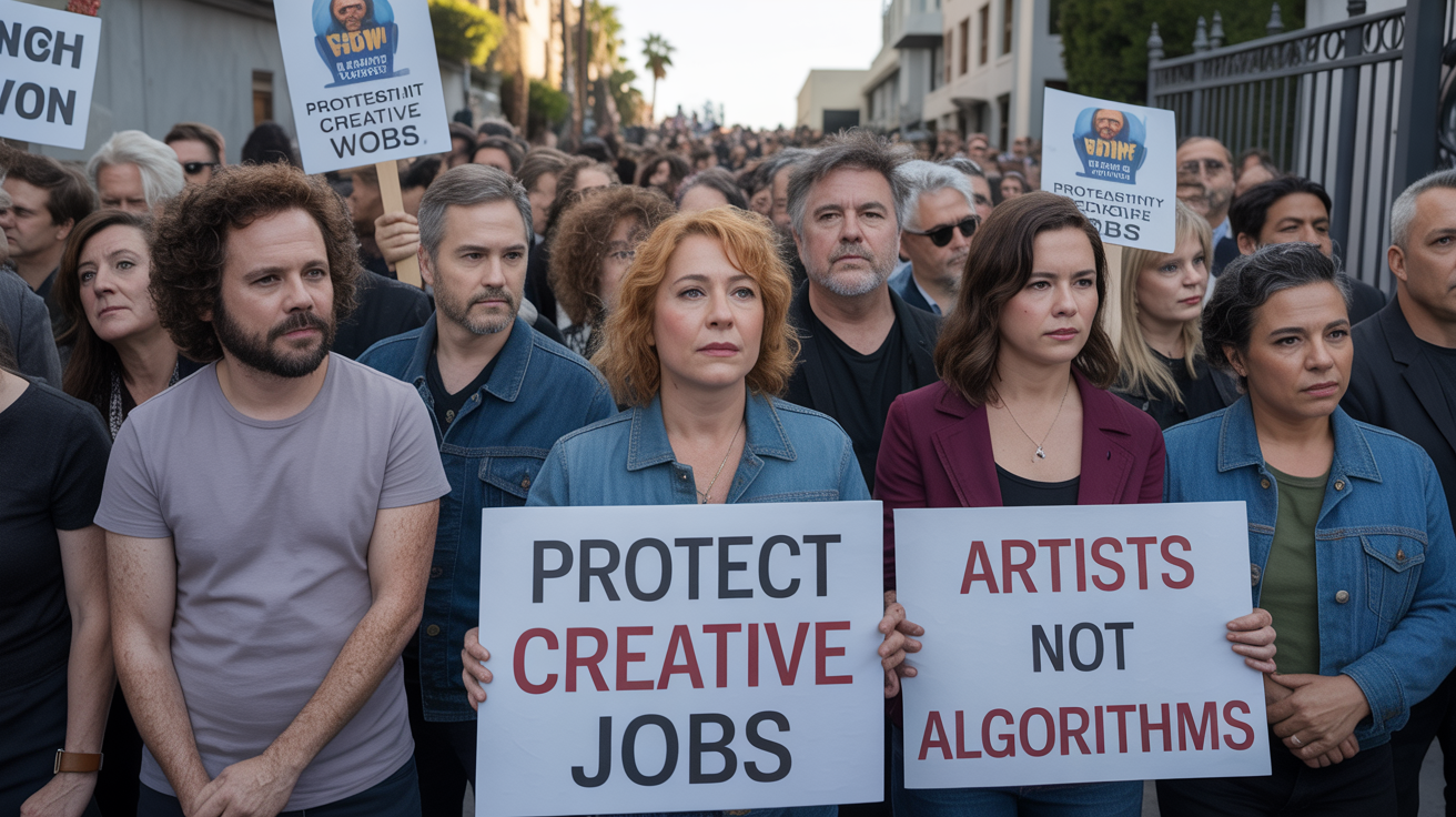 Hollywood entertainment workers protesting AI
