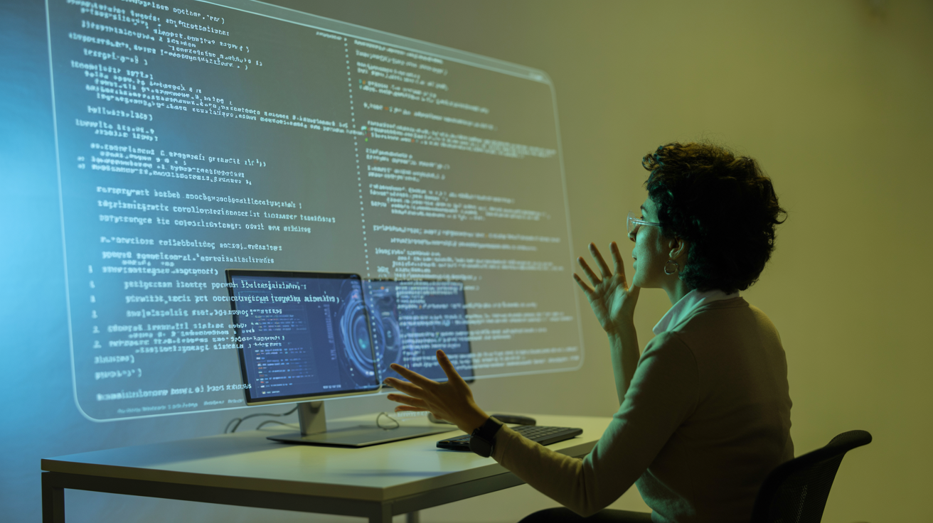 Futuristic workspace showing person using natural language to create software with AI