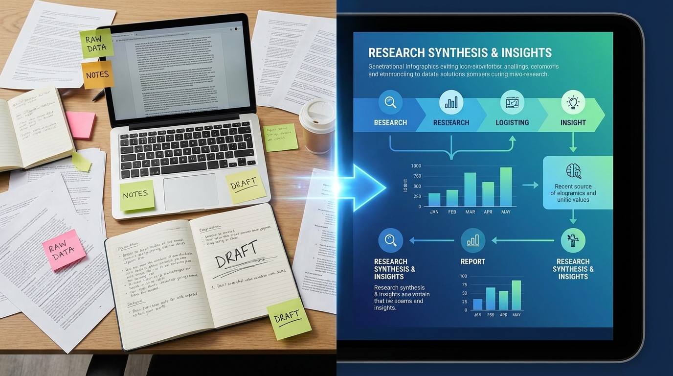 Raw documents transforming into polished infographics