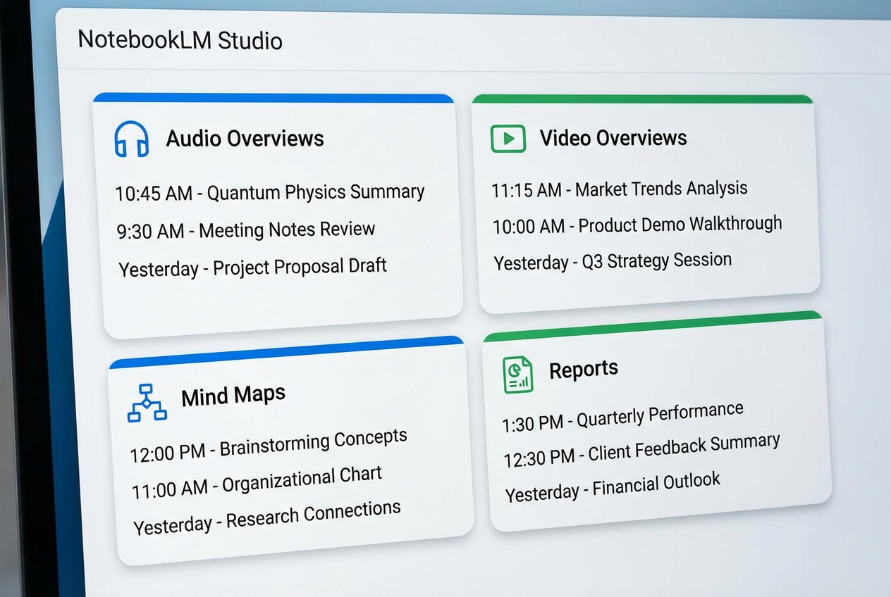 NotebookLM's Studio panel showing four content tiles