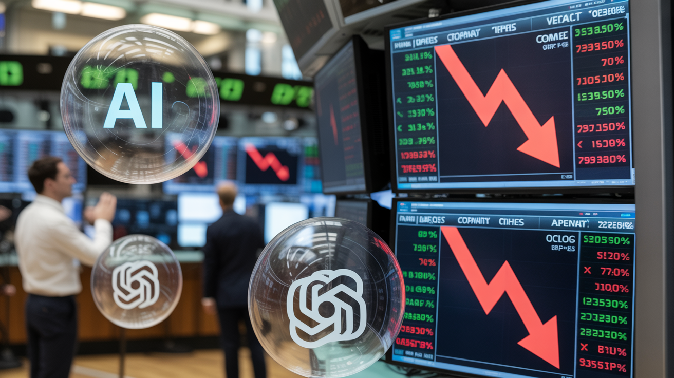 Wall Street trading floor with AI company stocks showing dramatic decline