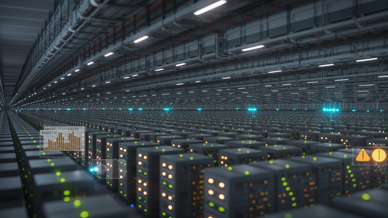 Massive AI data center infrastructure with warning indicators