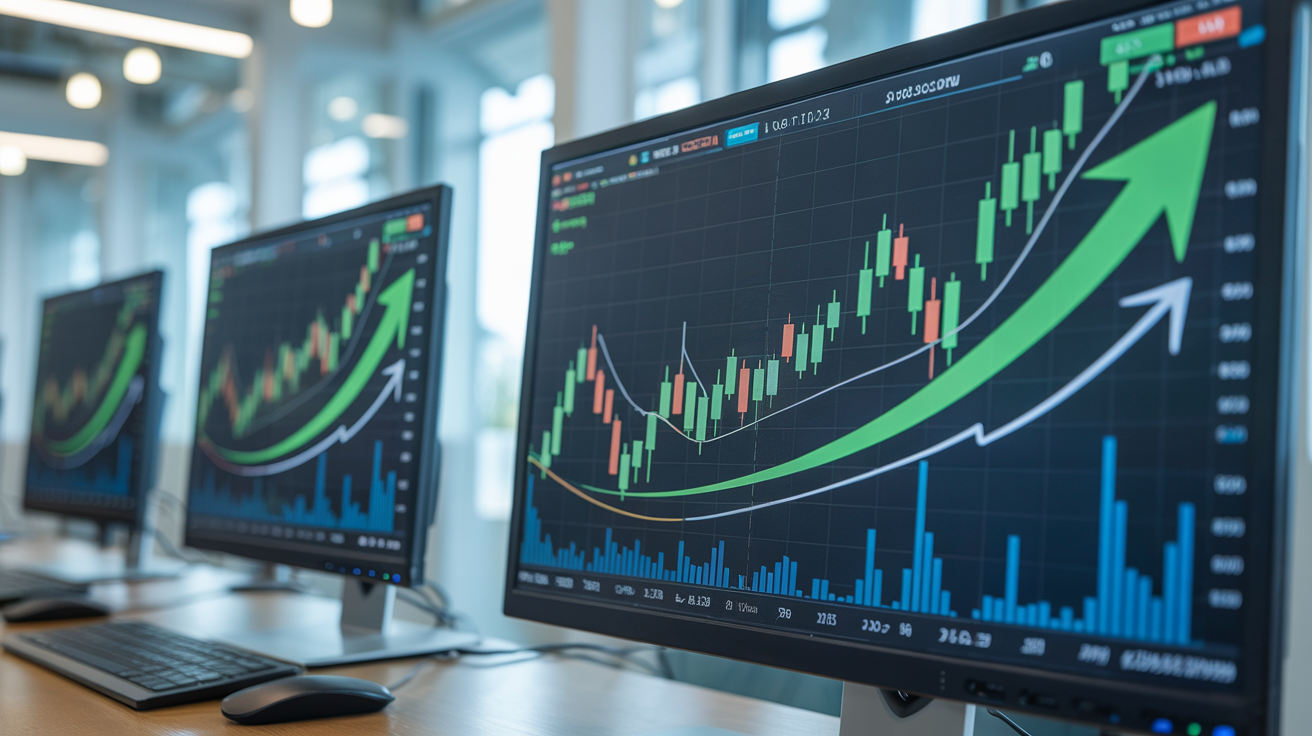 Stock market screens showing upward trending charts with green indicators representing market gains