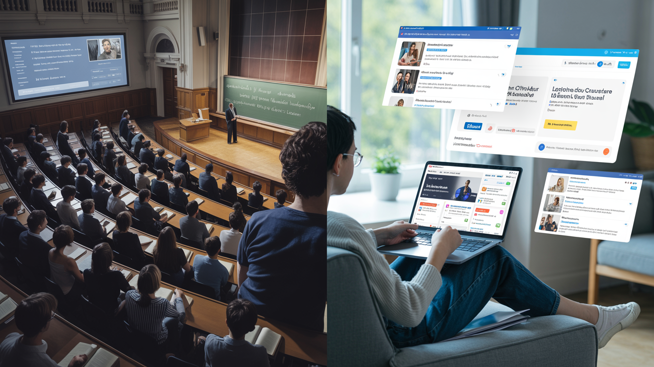 Traditional vs online education split screen